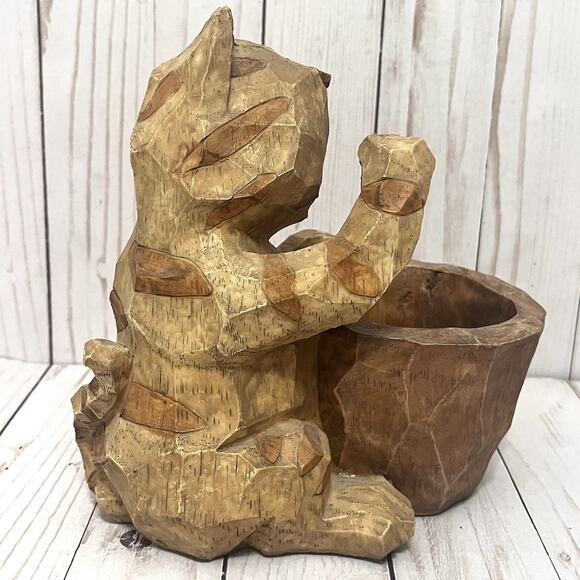 Boho Hand Carved Primitive Wooden Cat Planter or Utensil Holder Rustic Folk Art - Picture 8 of 13
